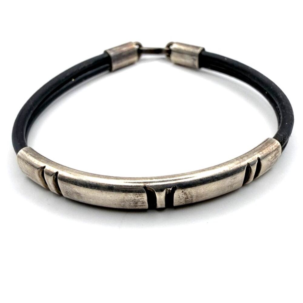 Signed PLATA925 Silver Bracelet Black Leather Cord Bangle Ethnic Boho Tribal